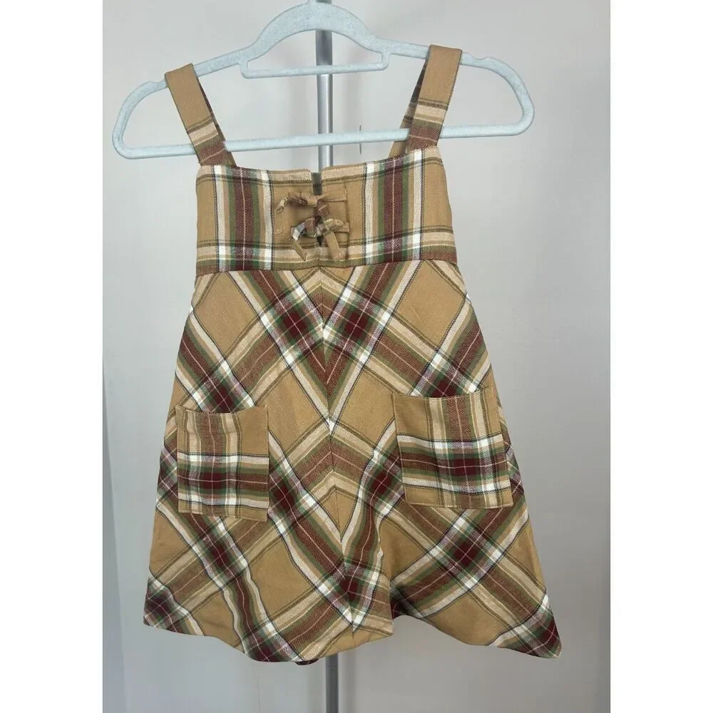 Vintage 50's 60s Brown Plaid Handmade Hand Stitched Girls Jumper Dress Size S